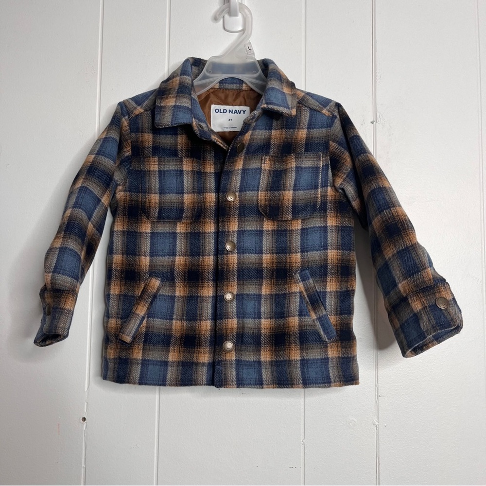 Old Navy Blue and Tan Plaid Jacket Shacket Quilted Liner Snap Front Fall